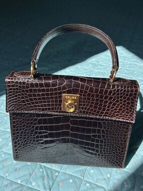 Vtg Celine logo ring dark brown Croc-Embossed exotic skin Top Handle Bag purse
